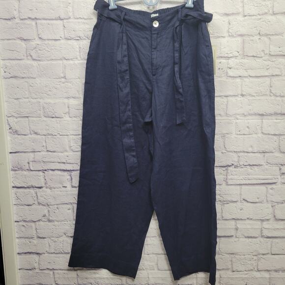 NWT Joie 100% Linen Belted Wide Leg Pants Size L Navy Blue Lightweight Career - Picture 1 of 10